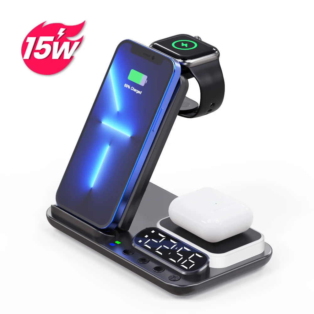 Hot Multifunction 4 in 1 Wireless Charger Alarm Clock  Cargador Inalambrico Tres En Uno  for Iphone 14 15 Watch Airpods