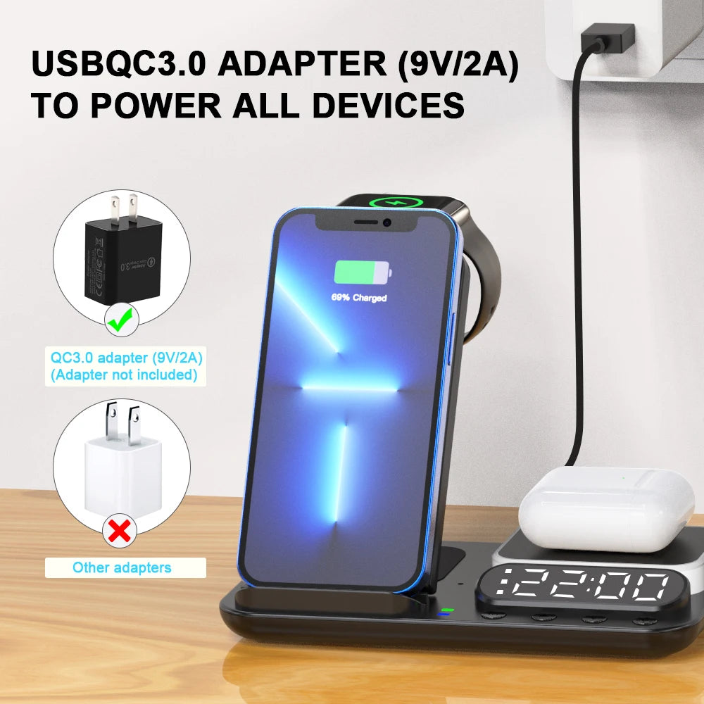 Hot Multifunction 4 in 1 Wireless Charger Alarm Clock  Cargador Inalambrico Tres En Uno  for Iphone 14 15 Watch Airpods