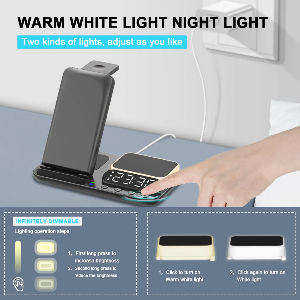 Hot Multifunction 4 in 1 Wireless Charger Alarm Clock  Cargador Inalambrico Tres En Uno  for Iphone 14 15 Watch Airpods