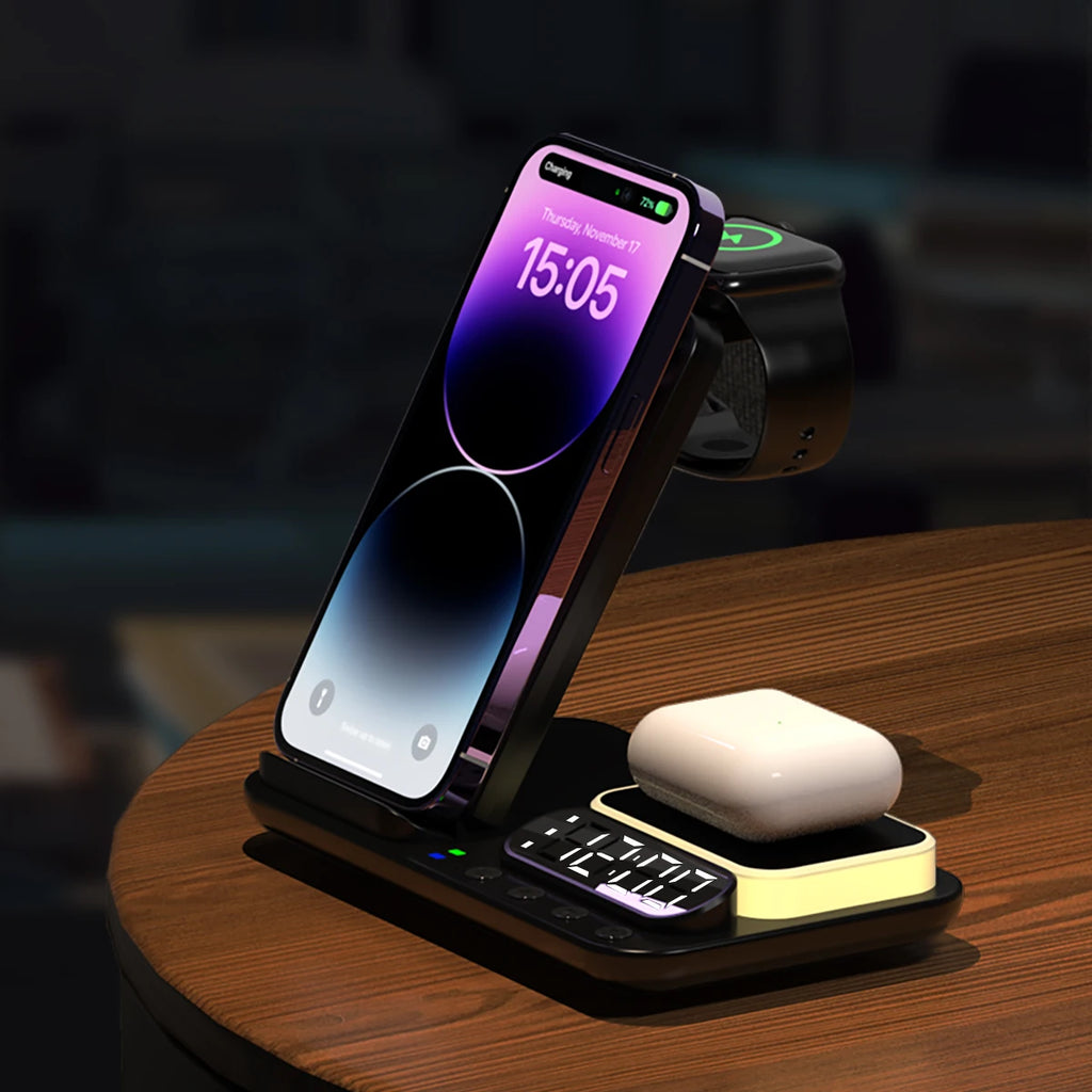Hot Multifunction 4 in 1 Wireless Charger Alarm Clock  Cargador Inalambrico Tres En Uno  for Iphone 14 15 Watch Airpods