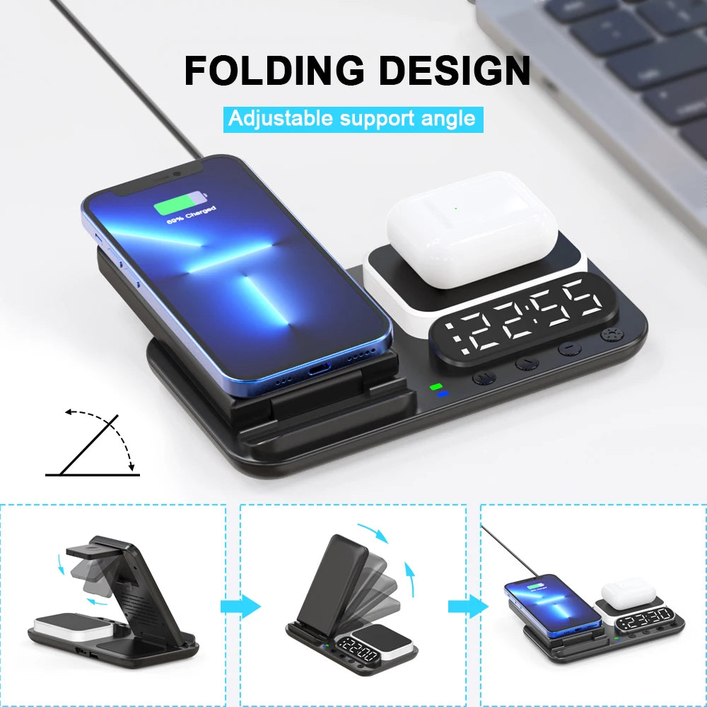 Hot Multifunction 4 in 1 Wireless Charger Alarm Clock  Cargador Inalambrico Tres En Uno  for Iphone 14 15 Watch Airpods