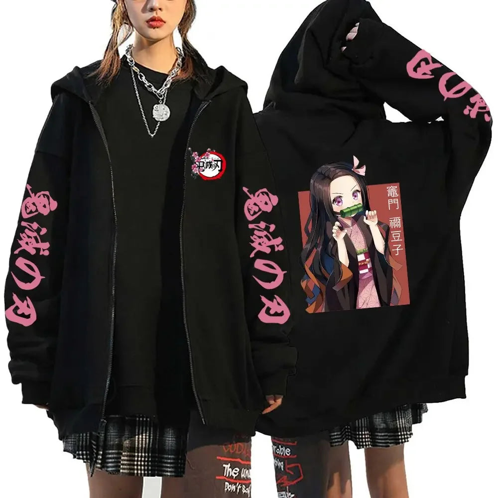 Demon Slayer Hoodie Zip Up Jacket Men Women Anime Print Kamado Nezuko Streetwear Casual Sweatshirt Cosplay Autum winter Y2k Top