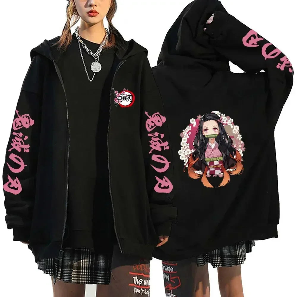 Demon Slayer Hoodie Zip Up Jacket Men Women Anime Print Kamado Nezuko Streetwear Casual Sweatshirt Cosplay Autum winter Y2k Top